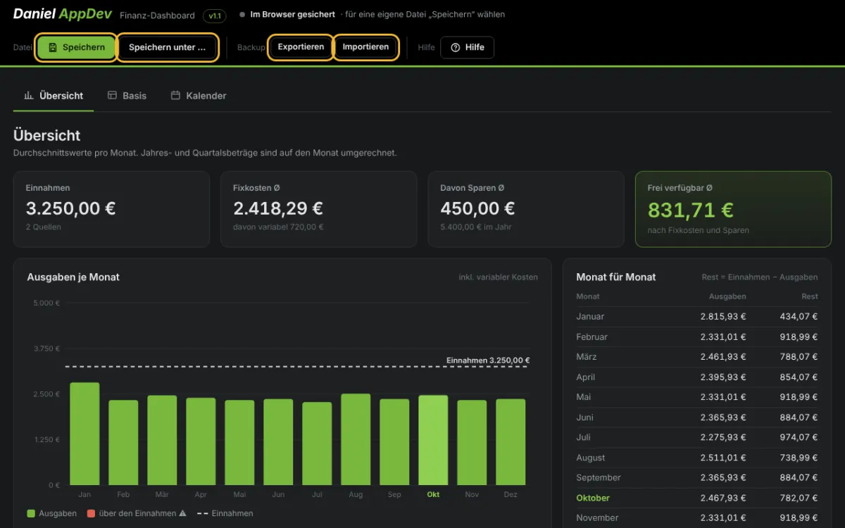 Speichern und Sichern – Screenshot