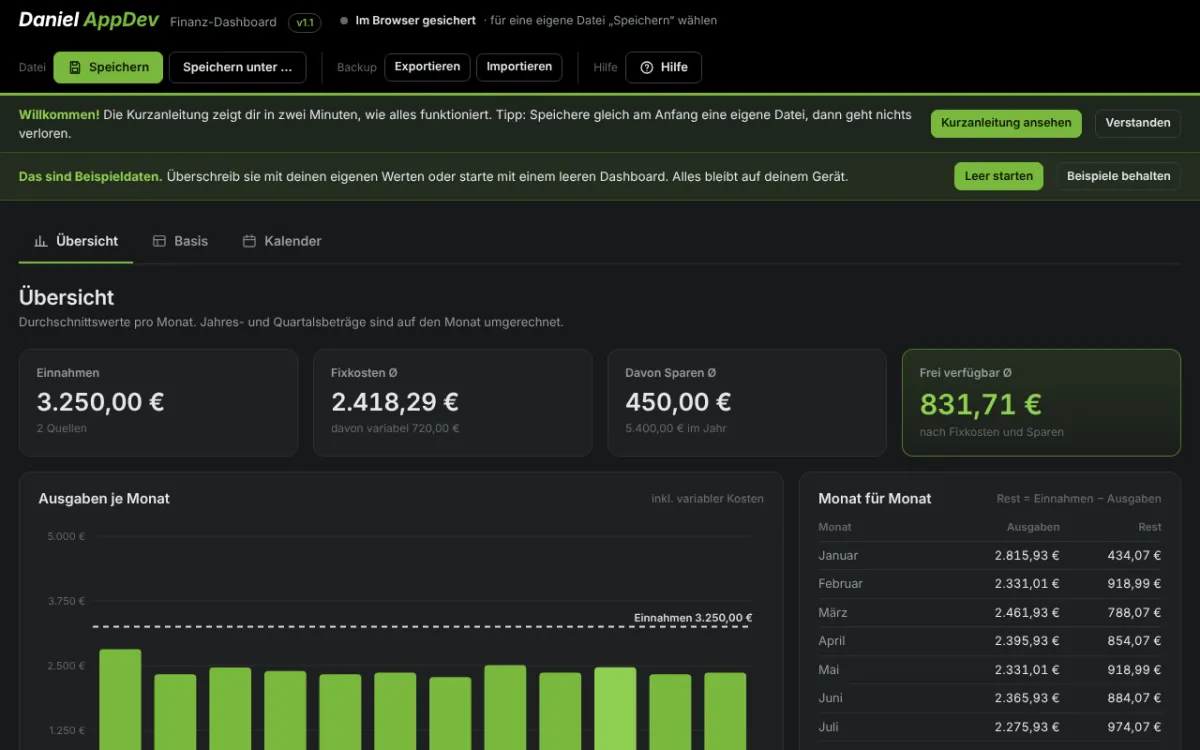 Erste Schritte – Screenshot