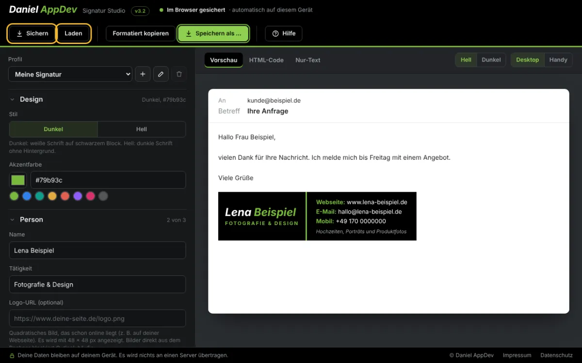Profile sichern und übertragen – Screenshot