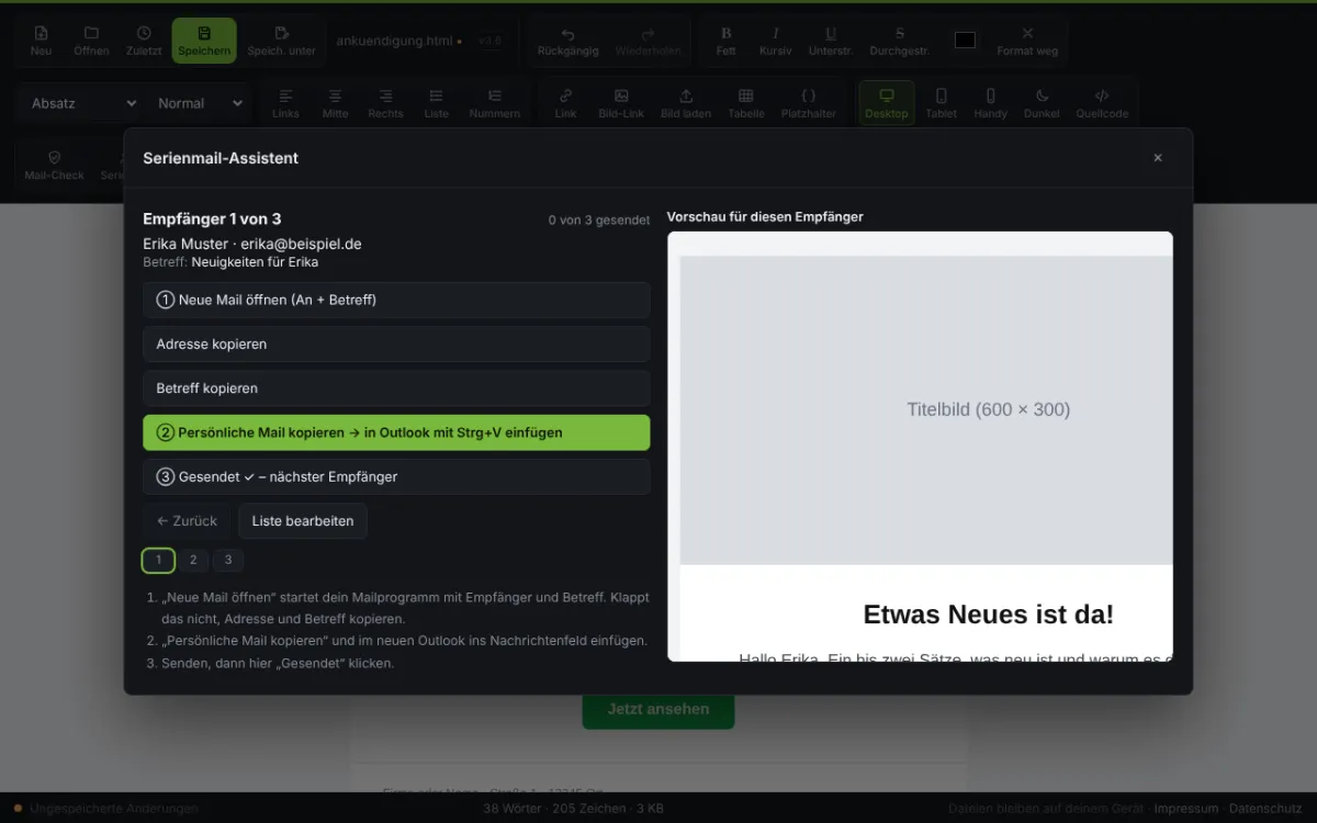 Serienmail mit Platzhaltern – Screenshot